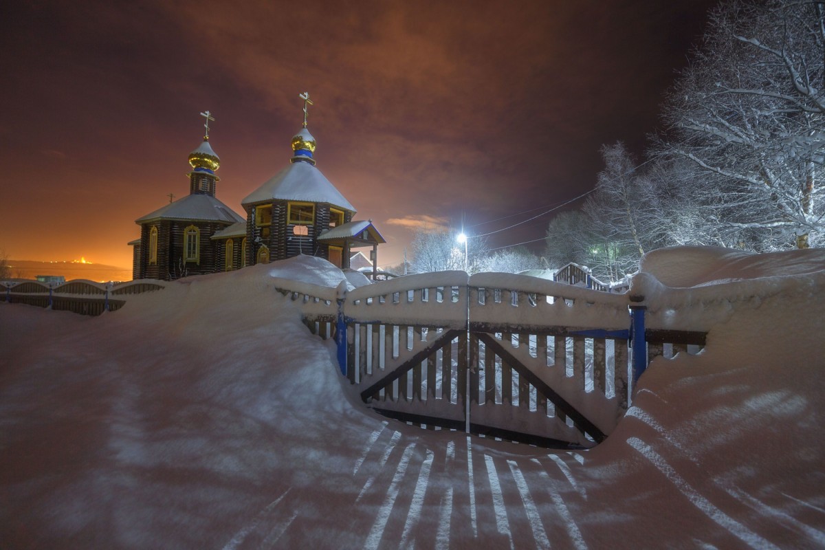 Деревня деревья Церковь зима